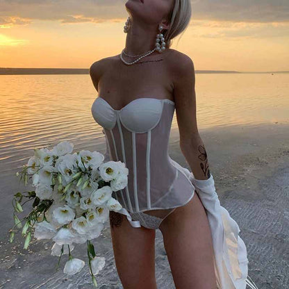 Women's Lace Longline Mesh Corset Strapless Bustier Crop Top