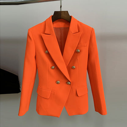 Women's Fitted Gold Lion Buttons Fitted Jacket Neon Orange Blazer