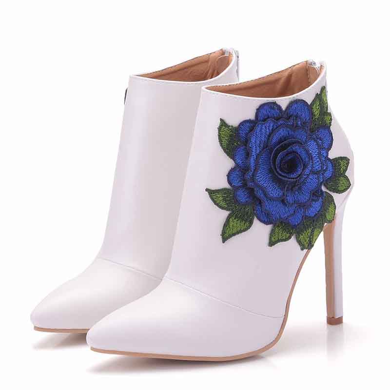 Women's Pointed Toe Ankle Boots White Embroidered Blue Rose Floral Boots