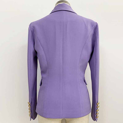 Women's Purple Textured Luxury Fitted Double Breasted Blazer with Lion Buttons
