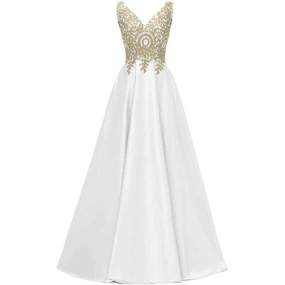 Women's V Neck Appliques Prom Dresses Long Satin Evening Dress Formal Party Gown