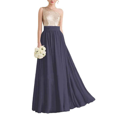 Women One Shoulder Sequin Bridesmaid Dresses Long Chiffon Formal Dresses