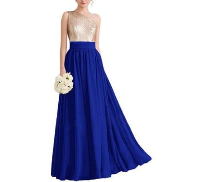 Women One Shoulder Sequin Bridesmaid Dresses Long Chiffon Formal Dresses