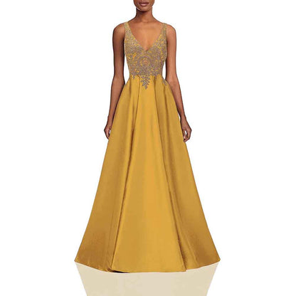 Women's V Neck Appliques Prom Dresses Long Satin Evening Dress Formal Party Gown