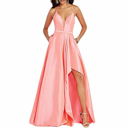 Women's Sexy Satin Deep V Neck Backless Hi Lo Prom Party Evening Dress