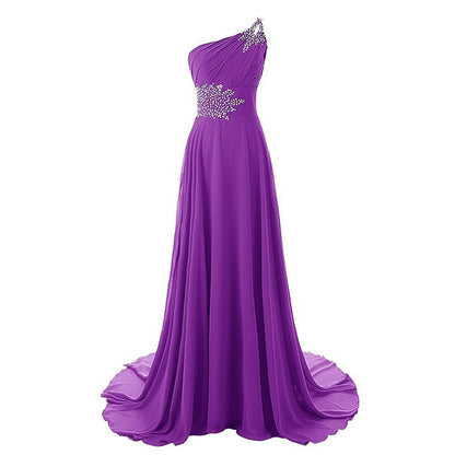One-Shoulder Long Prom Dress Beads Details Bridesmaid Dress Long Maxi Dress