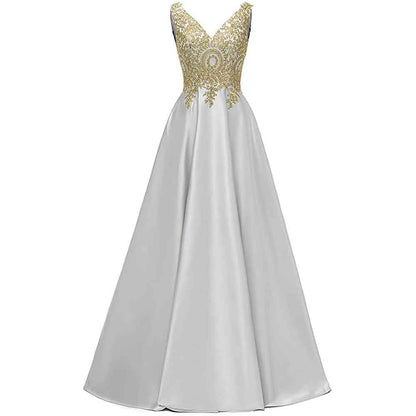 Women's V Neck Appliques Prom Dresses Long Satin Evening Dress Formal Party Gown