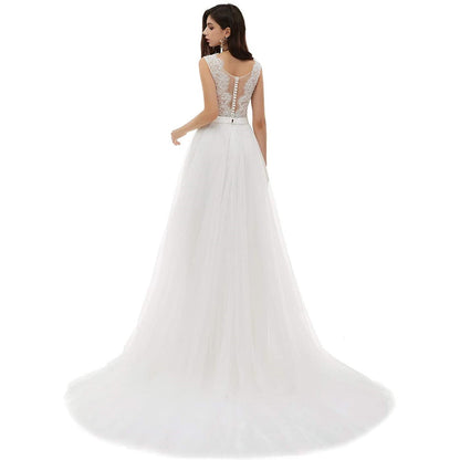 sd-hk Bride V-Neck A-line Lace Tulle Long Beach Wedding Dress for Women