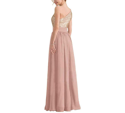 Women One Shoulder Sequin Bridesmaid Dresses Long Chiffon Formal Dresses