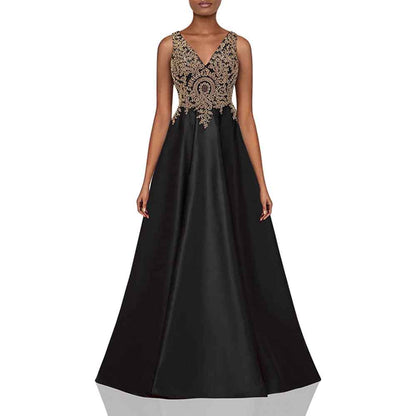 Women's V Neck Appliques Prom Dresses Long Satin Evening Dress Formal Party Gown