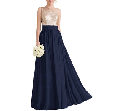 Women One Shoulder Sequin Bridesmaid Dresses Long Chiffon Formal Dresses