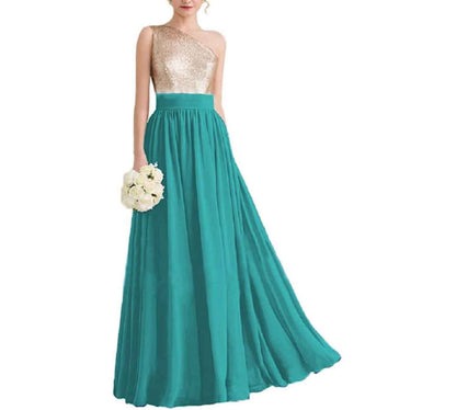 Women One Shoulder Sequin Bridesmaid Dresses Long Chiffon Formal Dresses