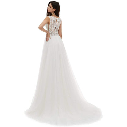 sd-hk Bride V-Neck A-line Lace Tulle Long Beach Wedding Dress for Women