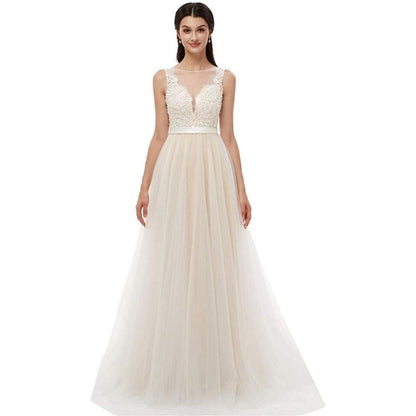 sd-hk Bride V-Neck A-line Lace Tulle Long Beach Wedding Dress for Women