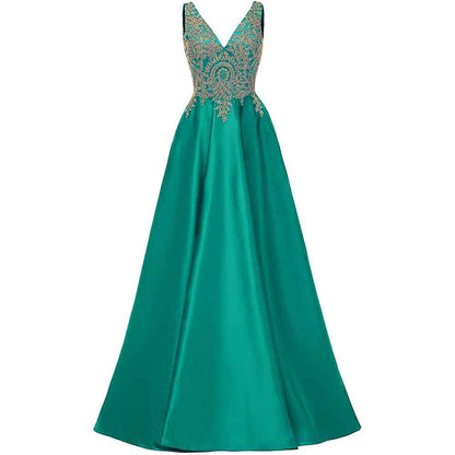 Women's V Neck Appliques Prom Dresses Long Satin Evening Dress Formal Party Gown