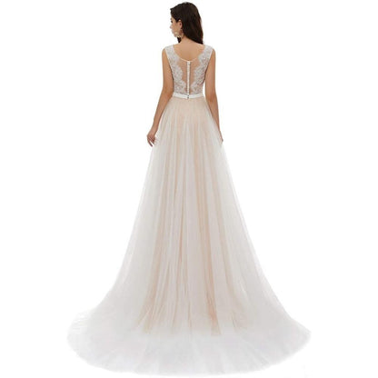 sd-hk Bride V-Neck A-line Lace Tulle Long Beach Wedding Dress for Women
