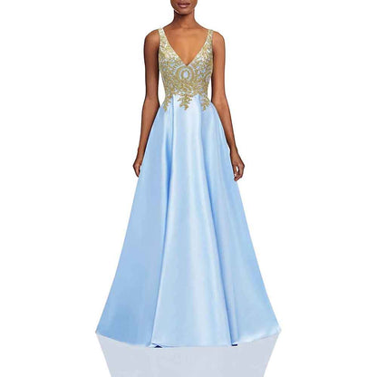 Women's V Neck Appliques Prom Dresses Long Satin Evening Dress Formal Party Gown