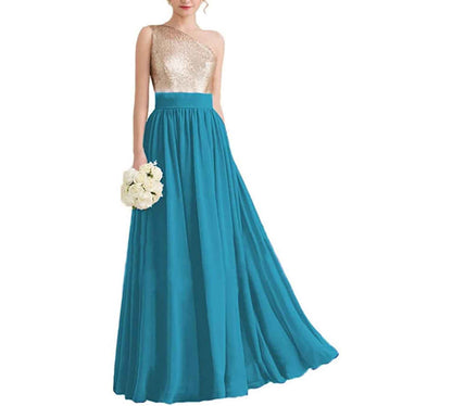 Women One Shoulder Sequin Bridesmaid Dresses Long Chiffon Formal Dresses