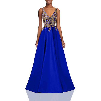 Women's V Neck Appliques Prom Dresses Long Satin Evening Dress Formal Party Gown