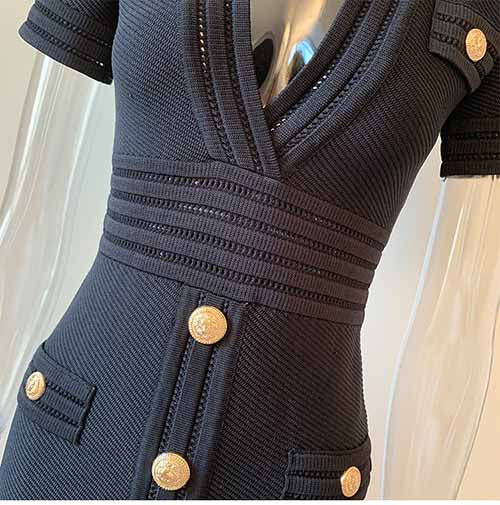 Women Button-up Knitted Minidress Ribbed-knit Short-sleeve Dress