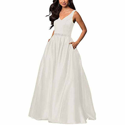 Women's Satin Bridesmaid Dress With Pocket Long Formal Evening Party Maxi Dress