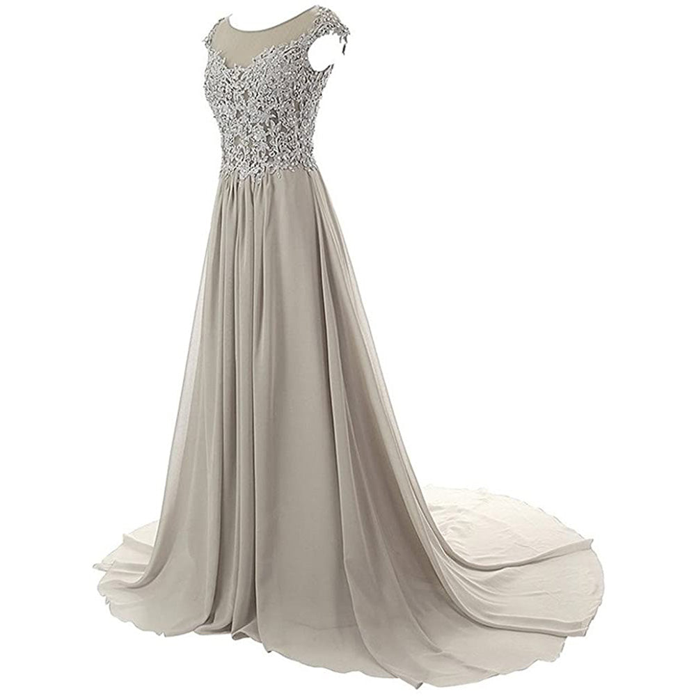 sd-hk Women Lace Bridesmaid Dress Chiffon Prom Dress Cap Sleeve Prom Dresses