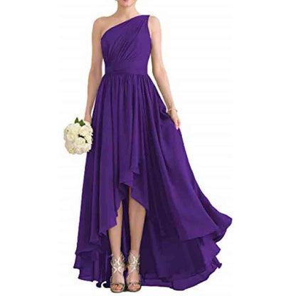 Women's One Shoulder Bridesmaid Dresses High Low Chiffon Evening Formal Gown with Pockets