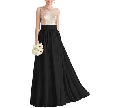 Women One Shoulder Sequin Bridesmaid Dresses Long Chiffon Formal Dresses