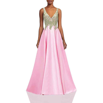 Women's V Neck Appliques Prom Dresses Long Satin Evening Dress Formal Party Gown