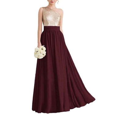Women One Shoulder Sequin Bridesmaid Dresses Long Chiffon Formal Dresses
