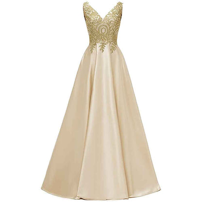 Women's V Neck Appliques Prom Dresses Long Satin Evening Dress Formal Party Gown
