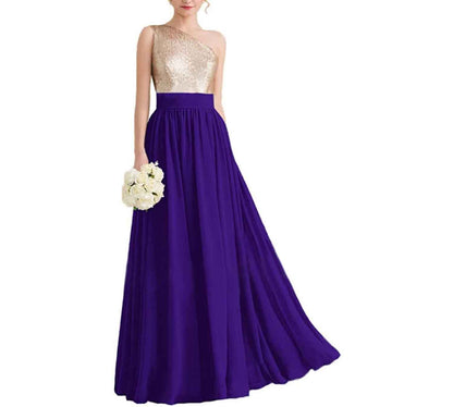 Women One Shoulder Sequin Bridesmaid Dresses Long Chiffon Formal Dresses