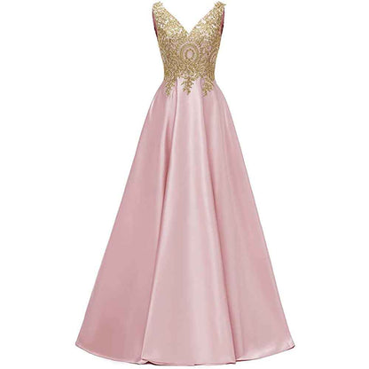 Women's V Neck Appliques Prom Dresses Long Satin Evening Dress Formal Party Gown