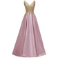 Women's V Neck Appliques Prom Dresses Long Satin Evening Dress Formal Party Gown