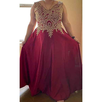 Women's V Neck Appliques Prom Dresses Long Satin Evening Dress Formal Party Gown