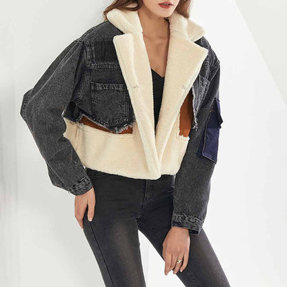 Women Denim Outwear Warm Jacket Patchwork Short Wool Coat