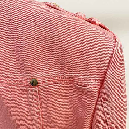 Women's Golden Lion Buttons Belted Denim Biker Jacket Coat Pink