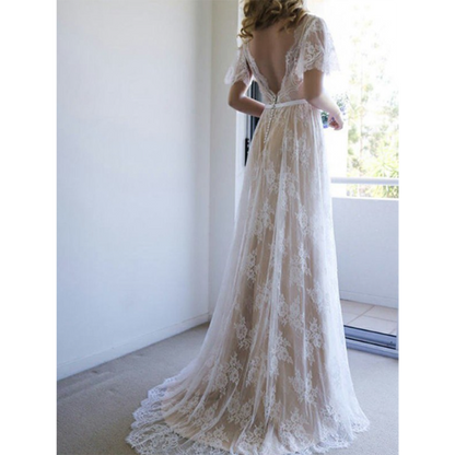 A-Line/Princess Lace Sash/Ribbon V-neck Short Sleeves Sweep/Brush Train Wedding Dresses