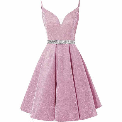 Girls Spaghetti Short Satin Prom Dress V-Neck Beaded Homecoming Evening Party Gowns