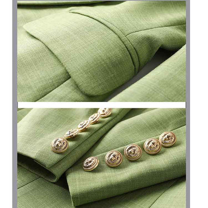 Women's Sage Green Textured Luxury Fitted Double Breasted Blazer with Lion Buttons - SLIM FIT