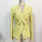 Women's Fitted Gold Lion Buttons Fitted Jacket Yellow Houndstooth Check Blazer