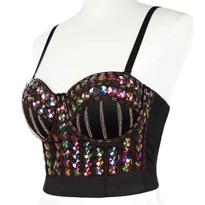 Black Corset Top Push Up Rhinestone Diamond Bra Party Vest
