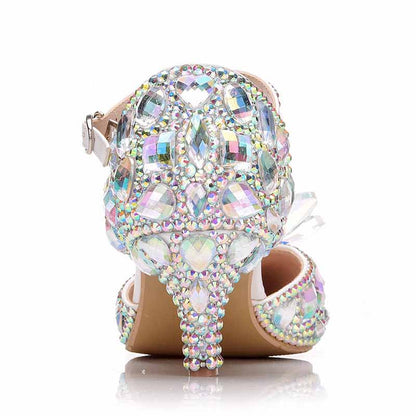 Rhinestone Sandals Pointed Toe Crystal Shoes Wedding Low Heels