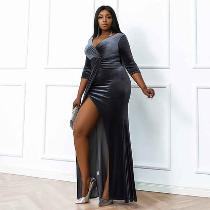 Women's Plus Size Maxi Velvet Long Sleeve Prom Dress Formal Evening Gowns