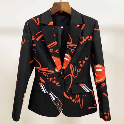 Womens Black Printing Blazer + Flare Trousers Suit Two Piece Formal Pantsuits