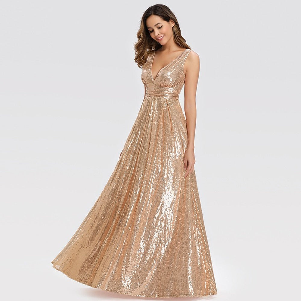 sd-hk Gold Sequin Evening Party Gowns V Neck Sleeve Prom Dress Plus Size
