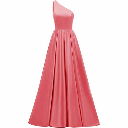Women's One Shoulder Prom Dress Long Satin Formal Evening Ball Wedding Gowns