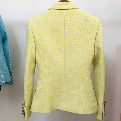 Women's Fitted Gold Lion Buttons Fitted Jacket Yellow Houndstooth Check Blazer