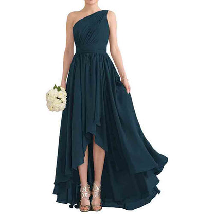 Women's One Shoulder Bridesmaid Dresses High Low Chiffon Evening Formal Gown with Pockets