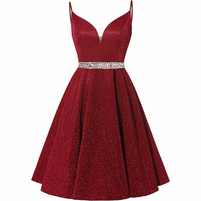 Girls Spaghetti Short Satin Prom Dress V-Neck Beaded Homecoming Evening Party Gowns